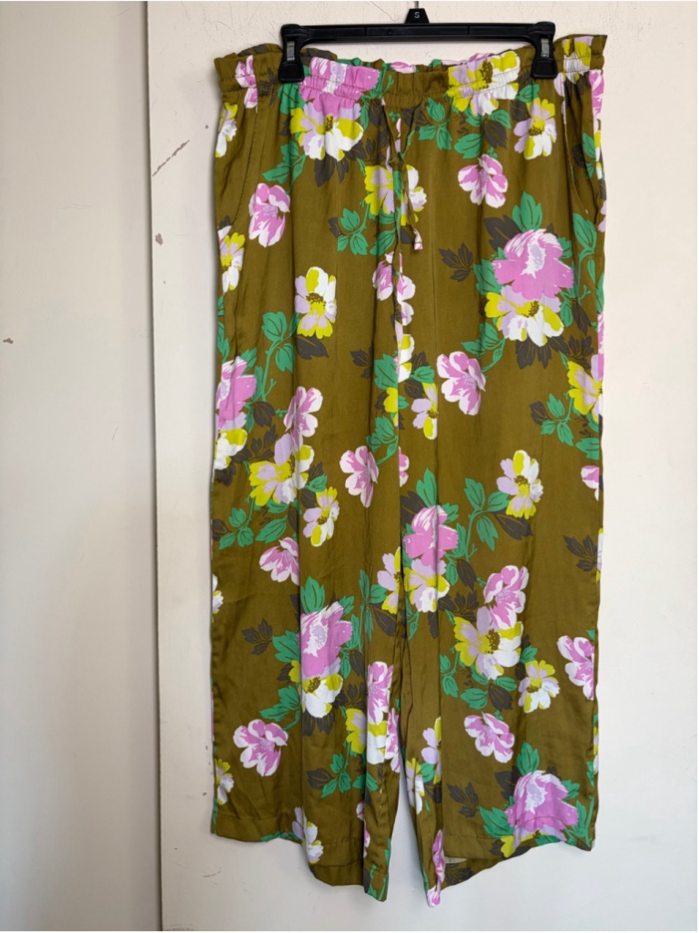 Aerie Floral Wide Leg Pajama Pants Olive Pink Silky Lounge Drawstring Size L